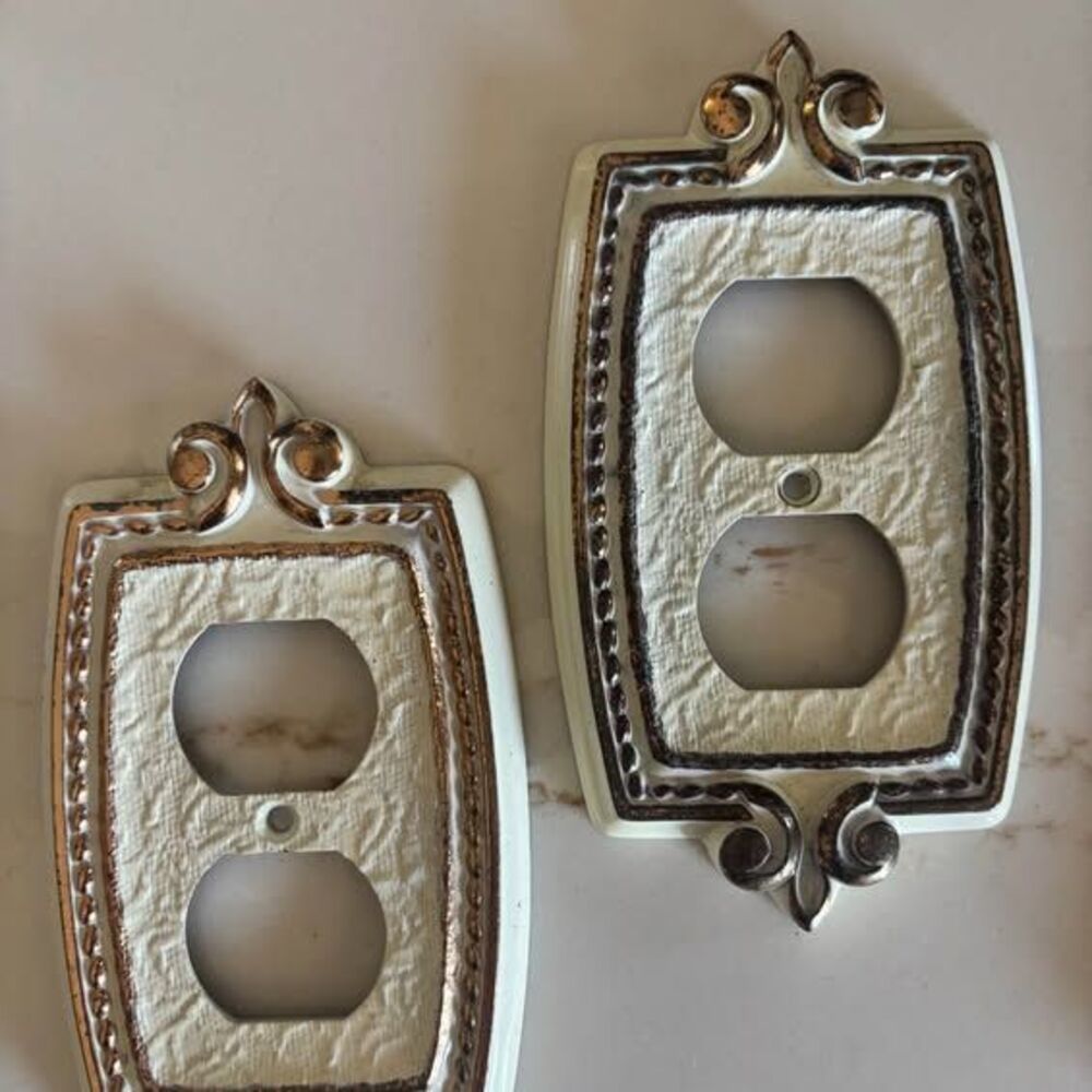 TWO Vintage '60s Metal Plug Outlet Cover Cream Gold